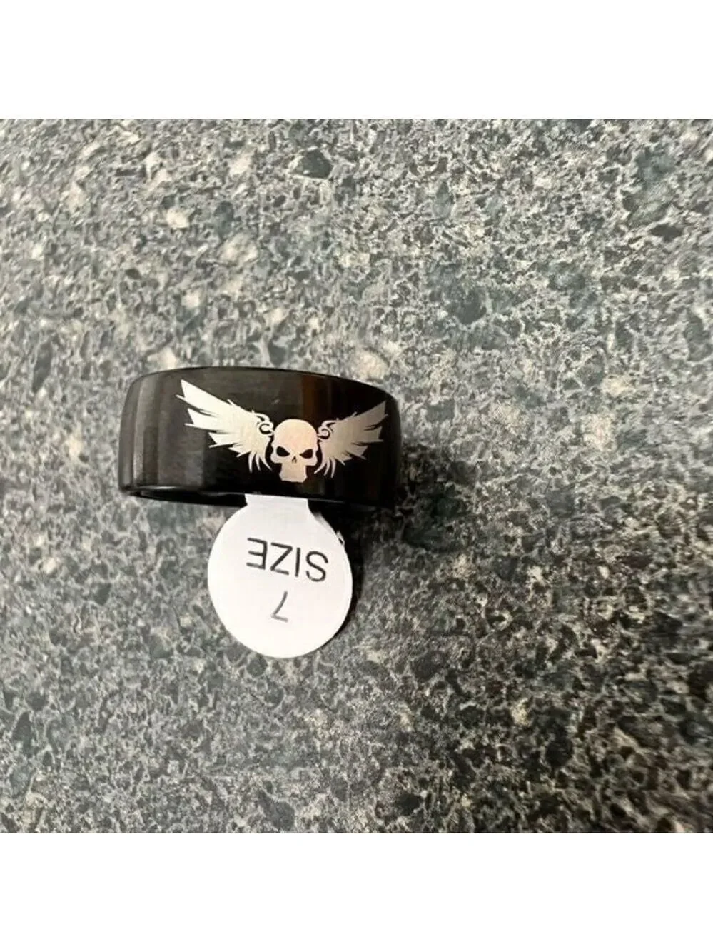 Titanium Fashion Black Skull Wings Ring size 7